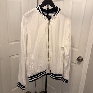 Denim & Flower Ricky Singh Men's XL White Varsity Bomber Jacket Striped Trim EUC
